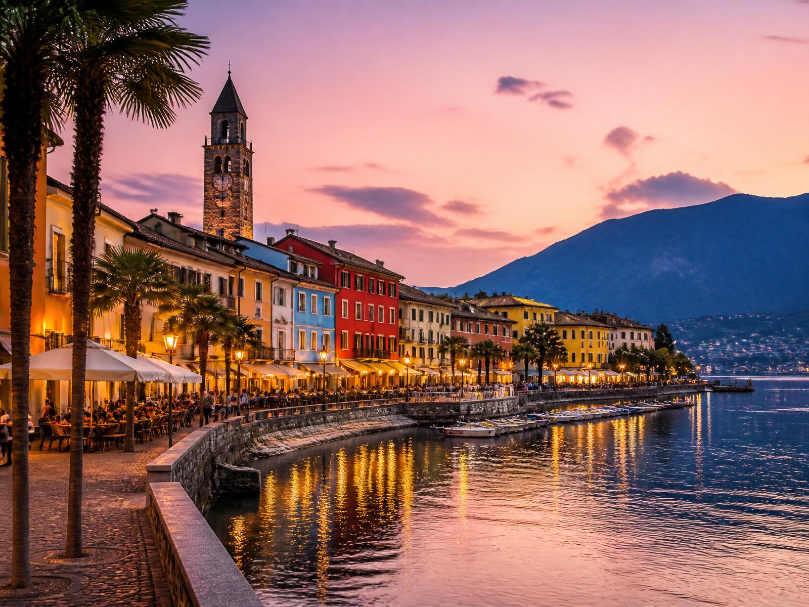 Colorful lakeside promenade in Ticino, Switzerland at dusk